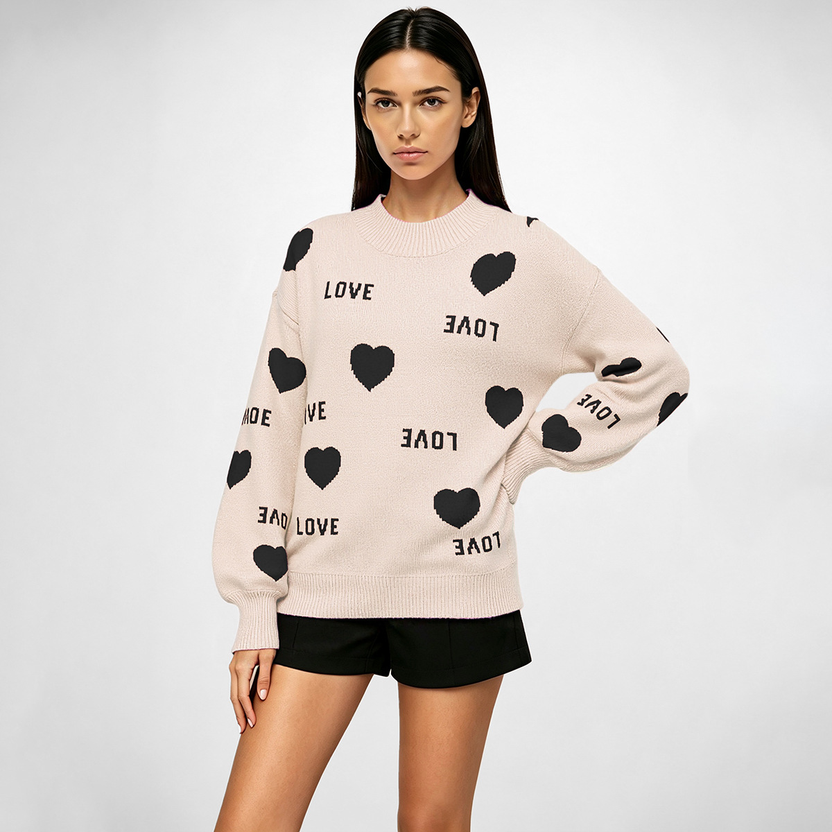 Heart Crewneck Knit Sweater Colorblock Pullover