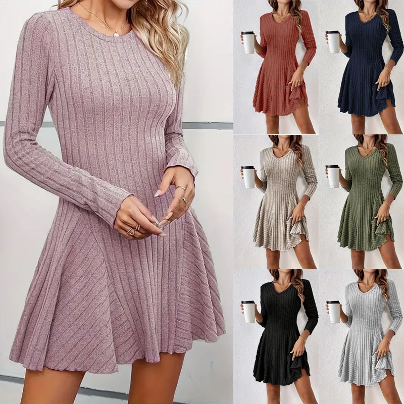 Elegant Knit V-Neck Long Sleeve A-Line Mini Dress