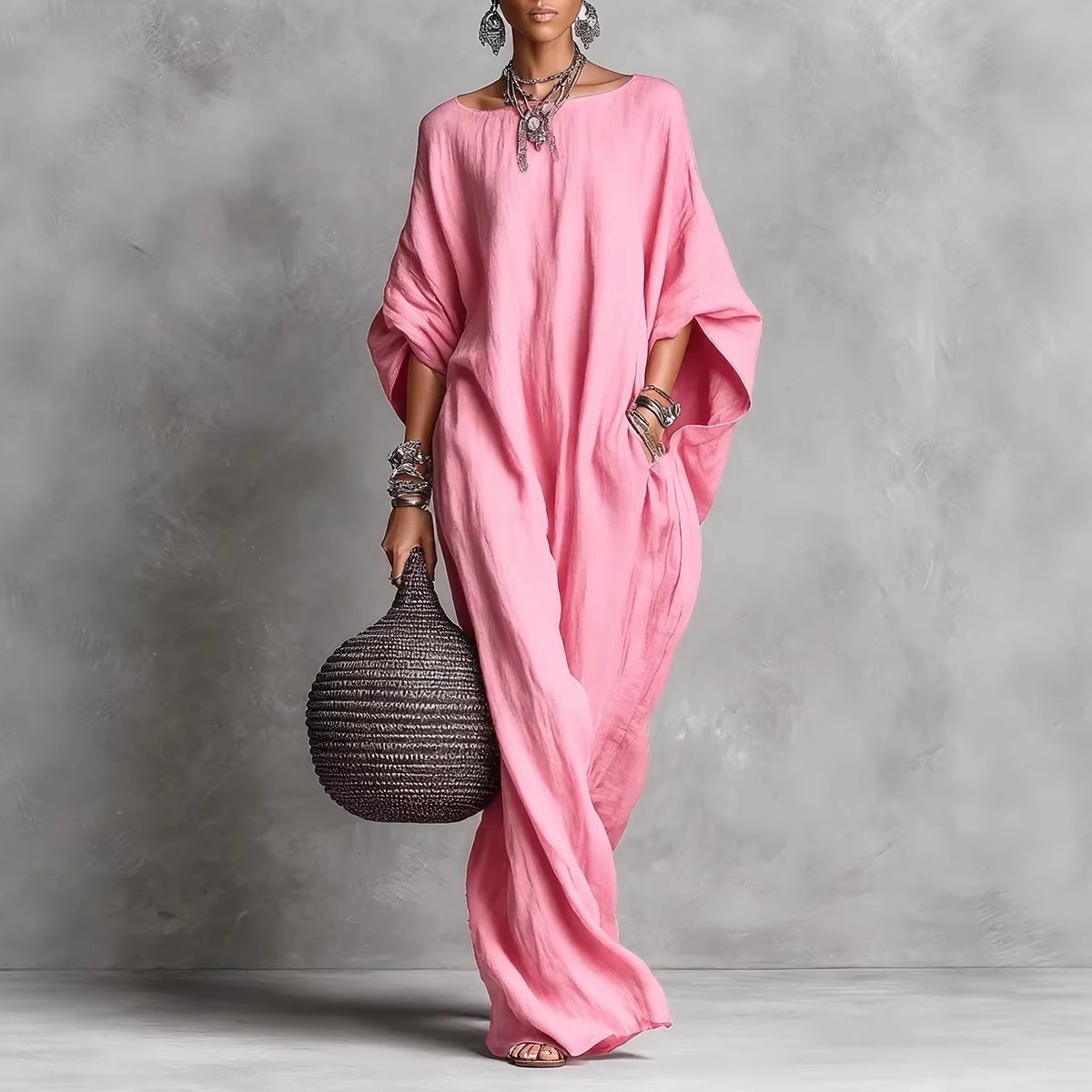 Women's Off-Shoulder Long Sleeve Solid Color Long Casual Dress