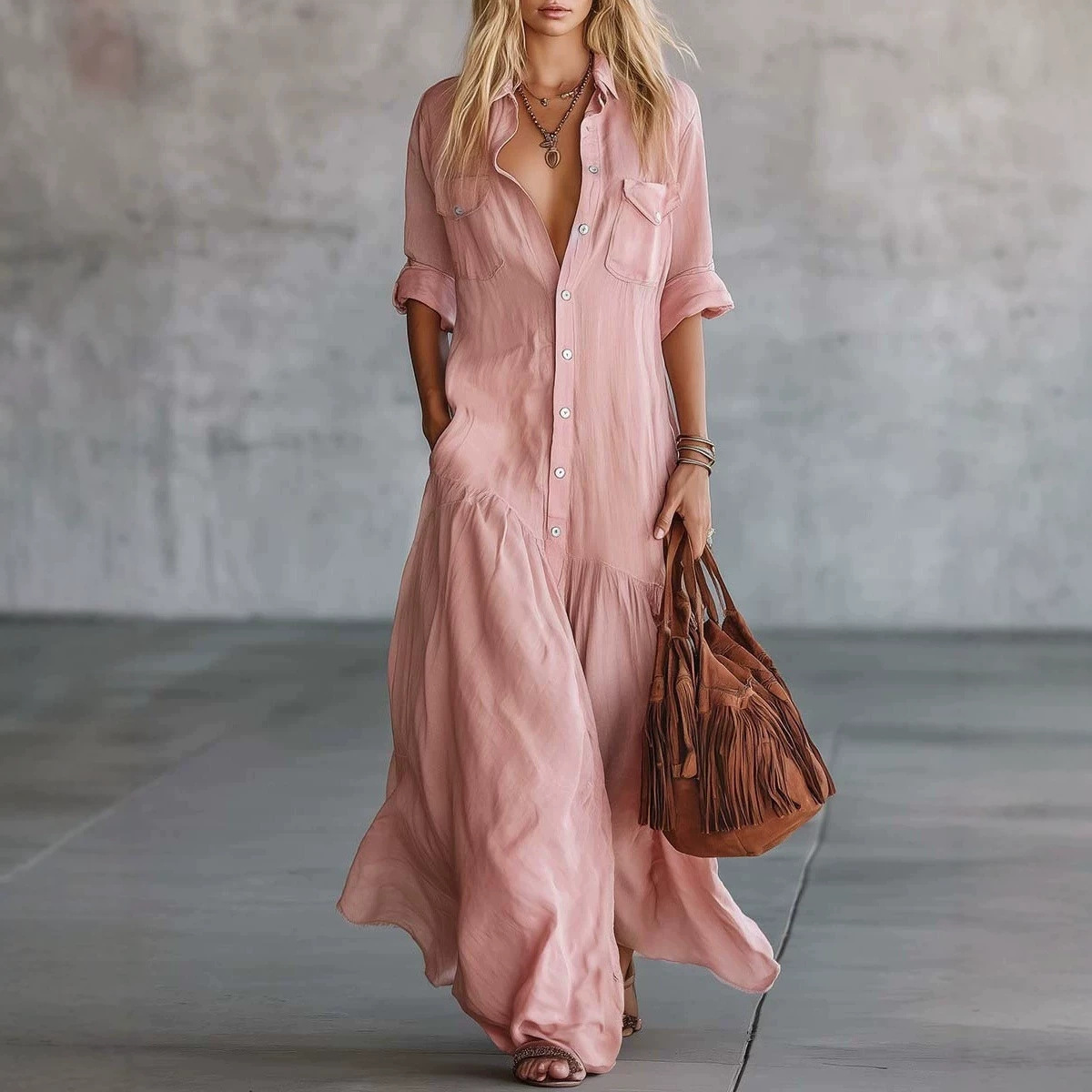 Women's Button-Front Short-Sleeve Solid Shirt Dress Casual Vacation Long Dress
