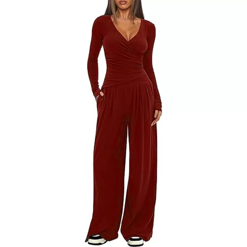 Women's Wide-Leg Pants Set Long Sleeve Solid Color Two-Piece Outfit