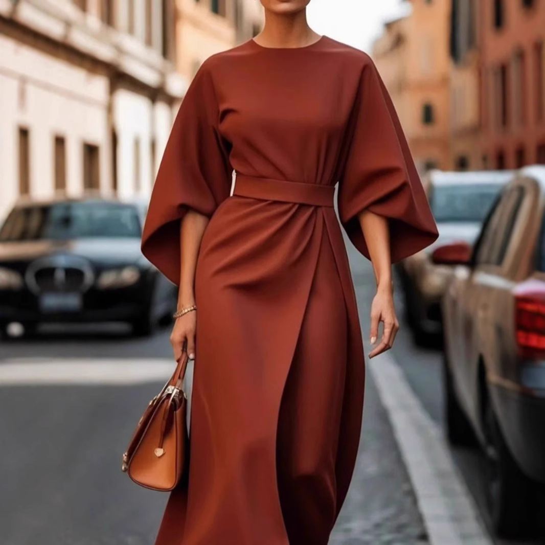 Women's Elegant Solid Color Waist-Cinched Batwing Sleeve Long Dress