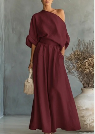 Elegant One-Shoulder Waist-Cinching Top and Skirt Two-Piece Set