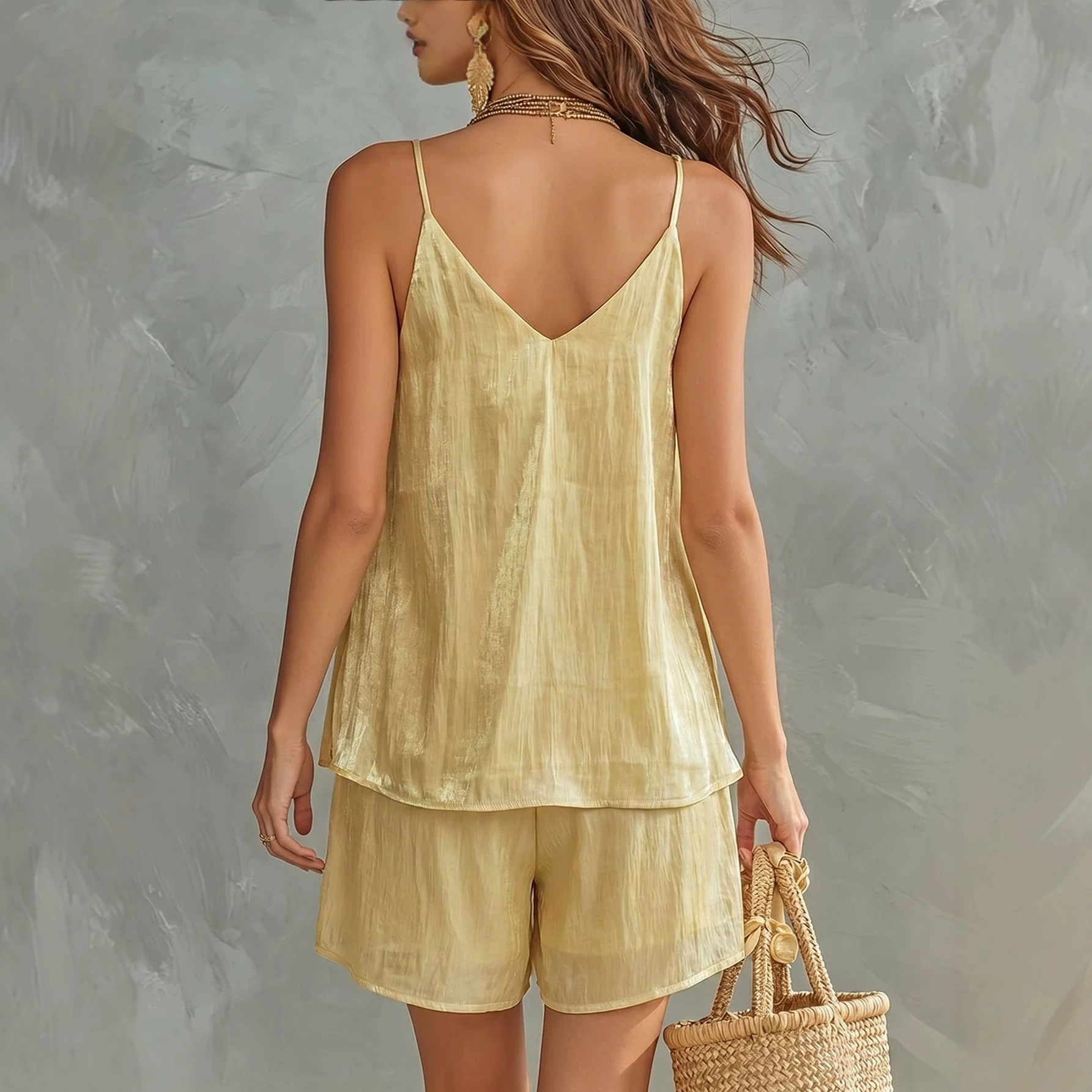 Women's Sleeveless V-Neck Cami Top and High-Waist Elastic Shorts Set