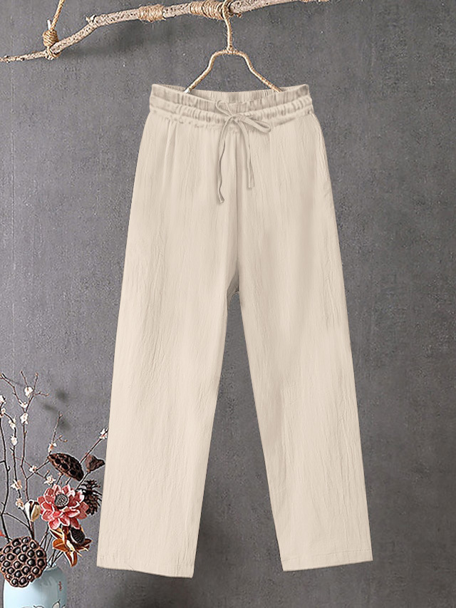 Women's Cotton Linen Wide Leg Pants Elastic Waist Solid Color Loose Fit