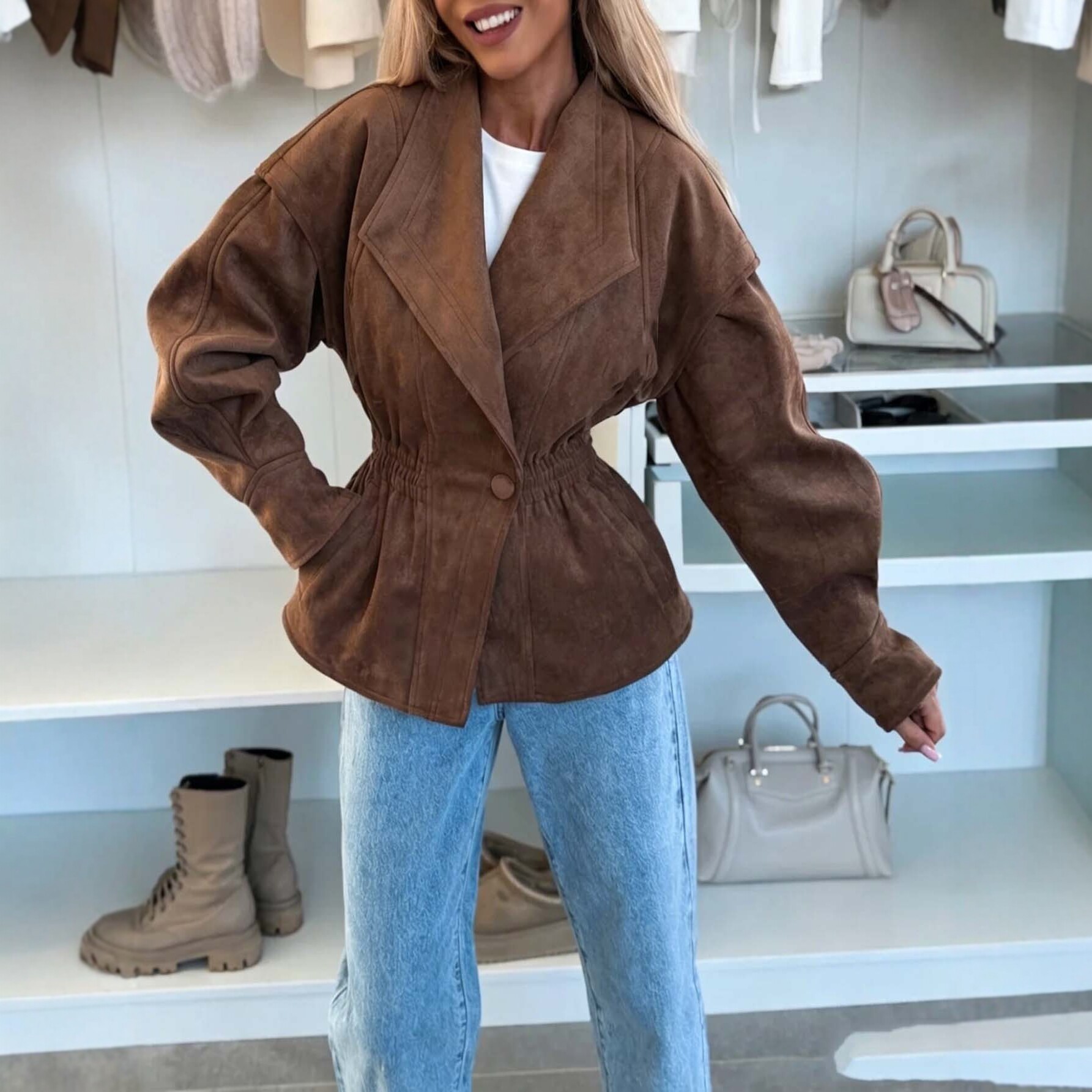 Women's Solid Button Waist-Cinched Vintage Lapel Long-Sleeve Jacket