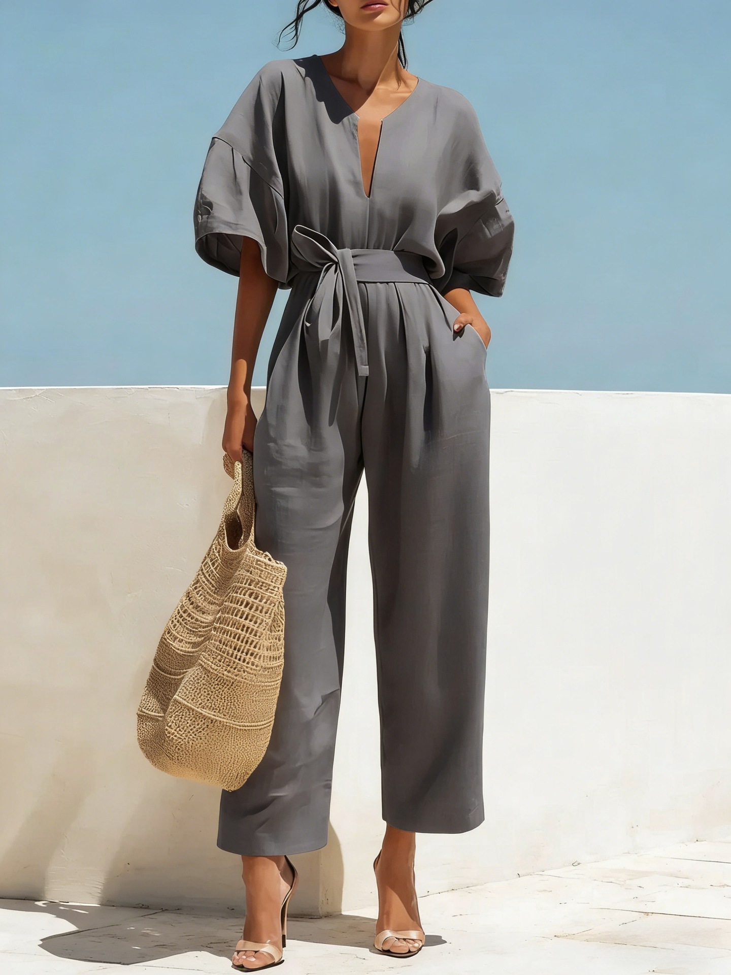 Elegant V-Neck Solid Color Wide-Leg Jumpsuit for Women