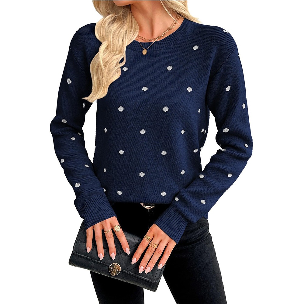 Women's Polka Dot Jacquard Knit Crewneck Pullover Sweater