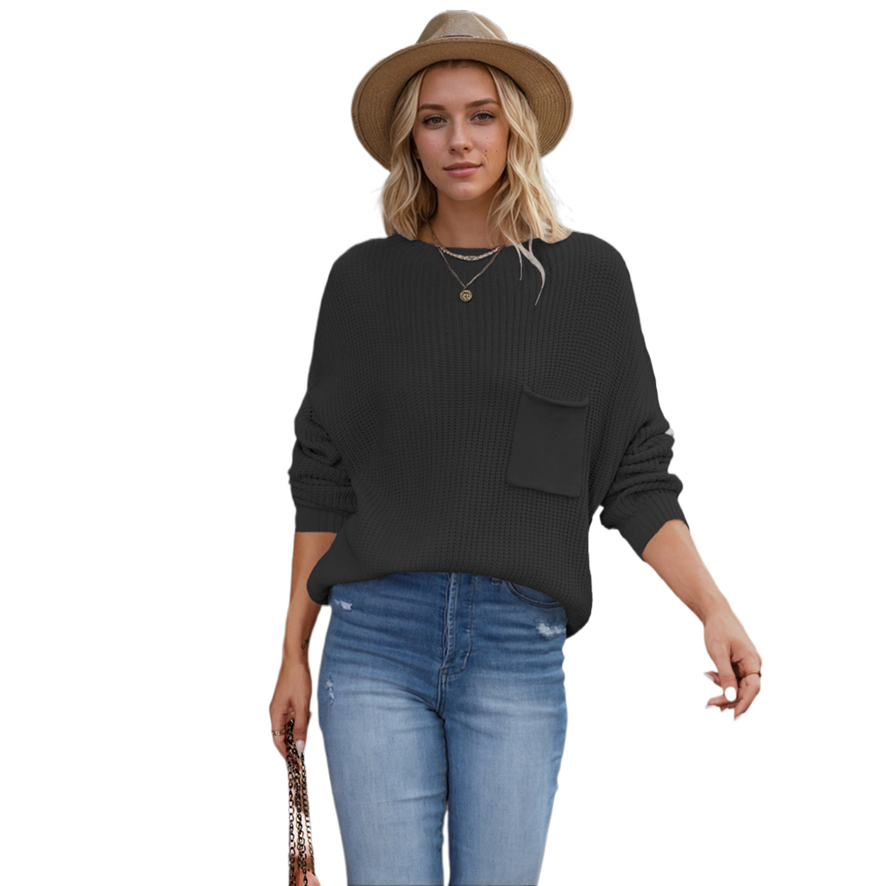 Solid Color Round Neck Pocket Knit Pullover Sweater for Women