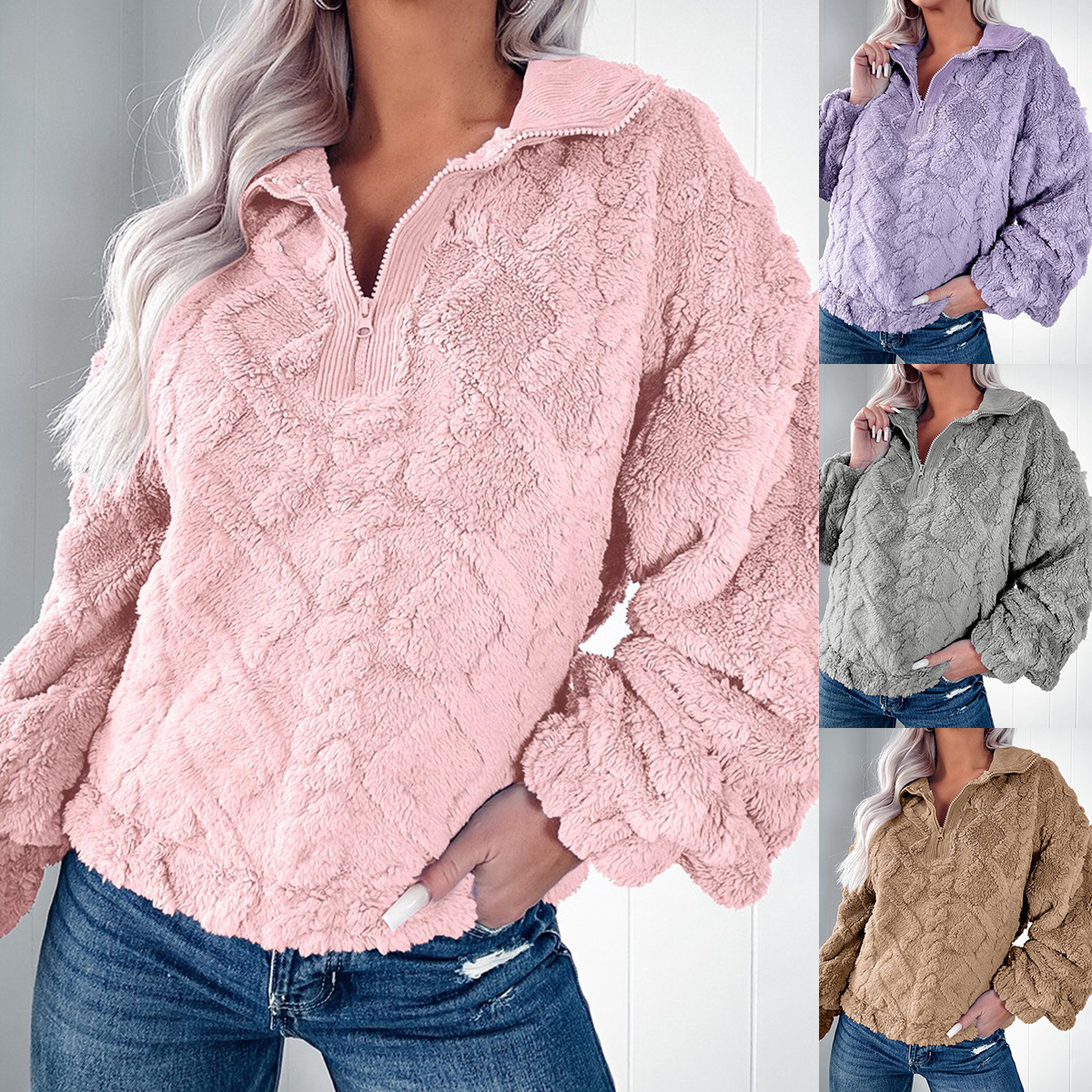 Women's Solid Color Fuzzy Pullover Top with Lantern Sleeves