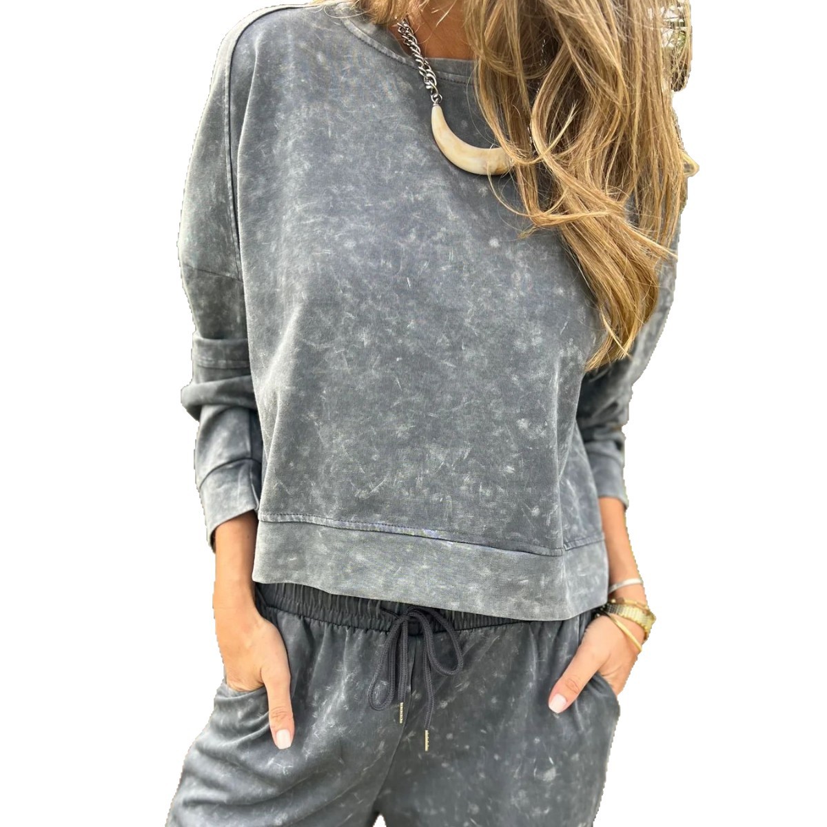 Women's Casual Two-Piece Pants Set with Drawstring Round Neck Long Sleeve