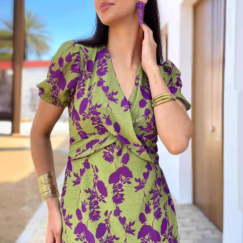 Women's Pleated Floral Print V-Neck Short Sleeve Midi Dress