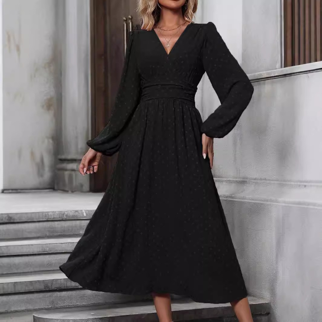 Women's Asymmetric V-Neck Lantern Sleeve Ruched Waist Midi Dress