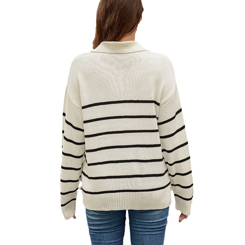 Striped Polo Neck Knit Sweater Plus Size Women's Pullover