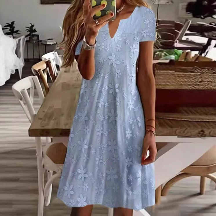 Elegant Solid V-Neck Short Sleeve Dress