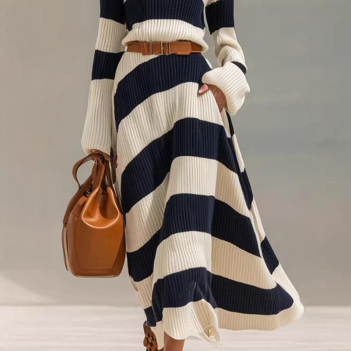 Navy and White Striped Long Sleeve Midi Dress