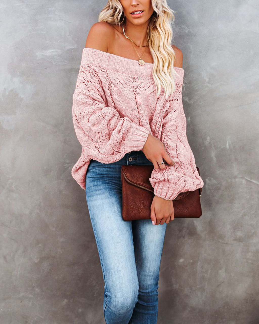 Off-Shoulder Loose Knit Pullover Sweater Solid Color