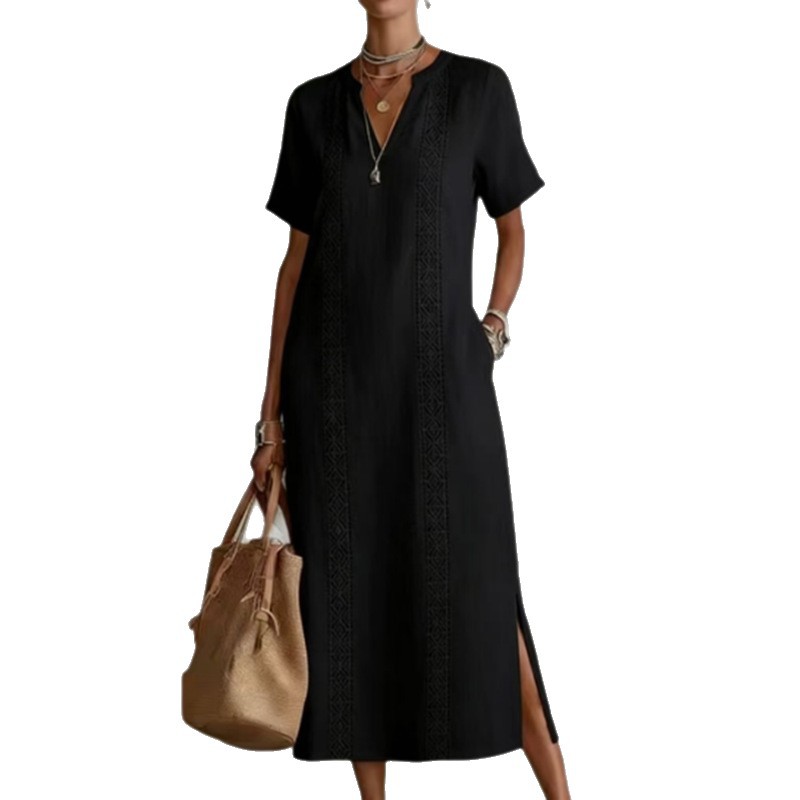 Women's Lace-Trim V-Neck Short-Sleeve Slit Cotton-Linen Midi Dress