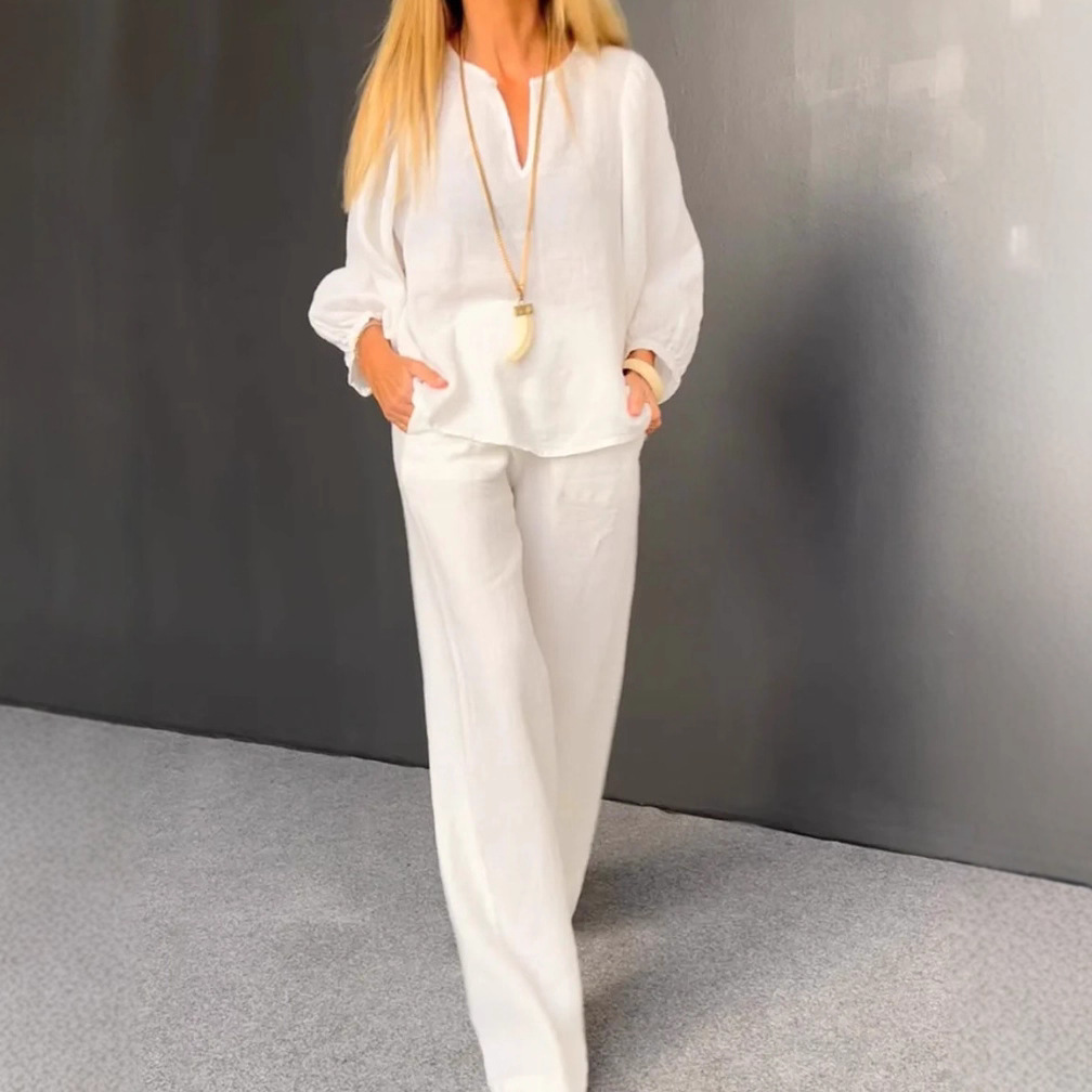 Women's Cotton-Linen V-Neck Long-Sleeve Top & Straight-Leg Pants Set
