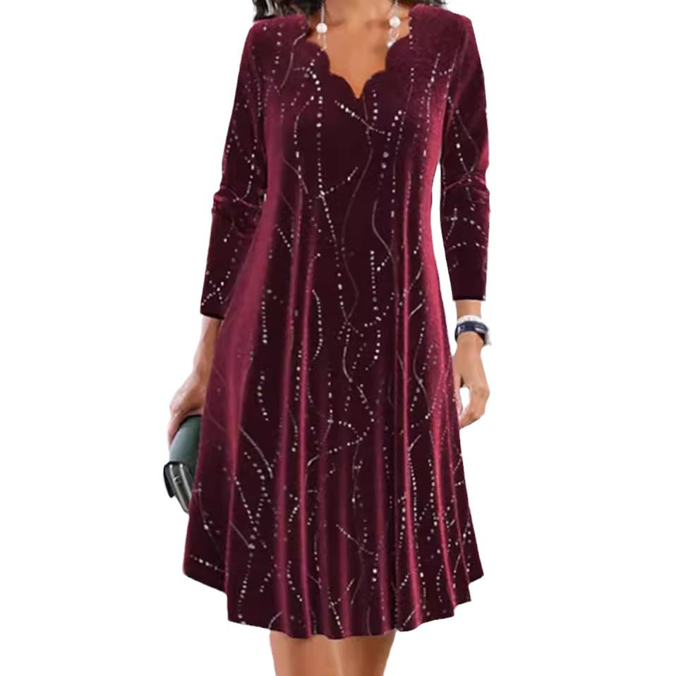V-Neck Long Sleeve Sequin Dress