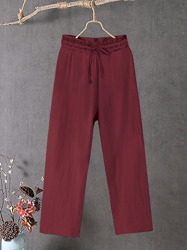 Women's Cotton Linen Wide Leg Pants Elastic Waist Solid Color Loose Fit
