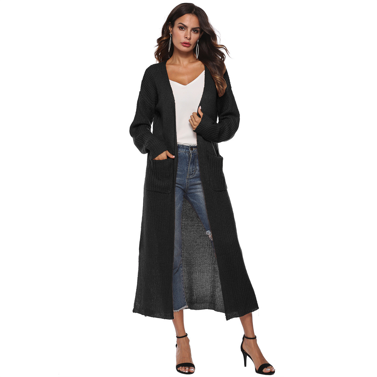 Mohair Cardigan Women's Long Open Front Split Pocket Sweater Coat
