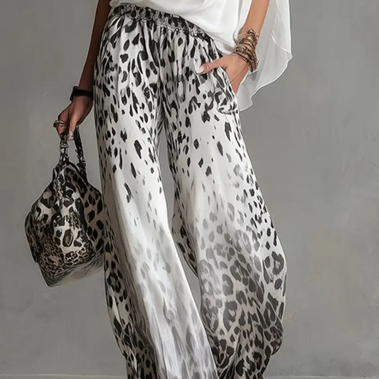 Women's Lightweight Short Sleeve Leopard Print Wide Leg Pants Set Casual