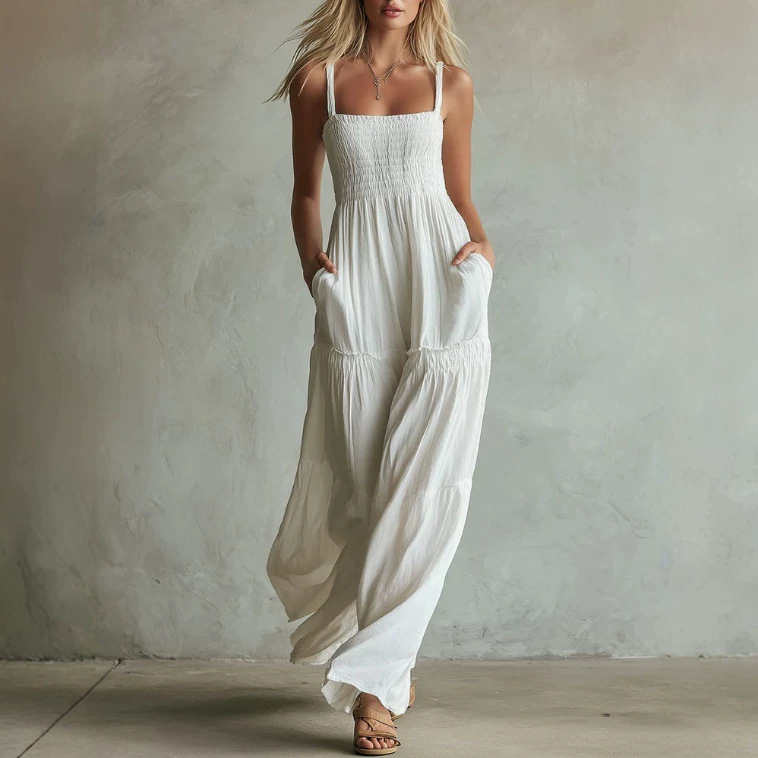 Women's Sleeveless Square Neck Pleated Wide-Leg Jumpsuit