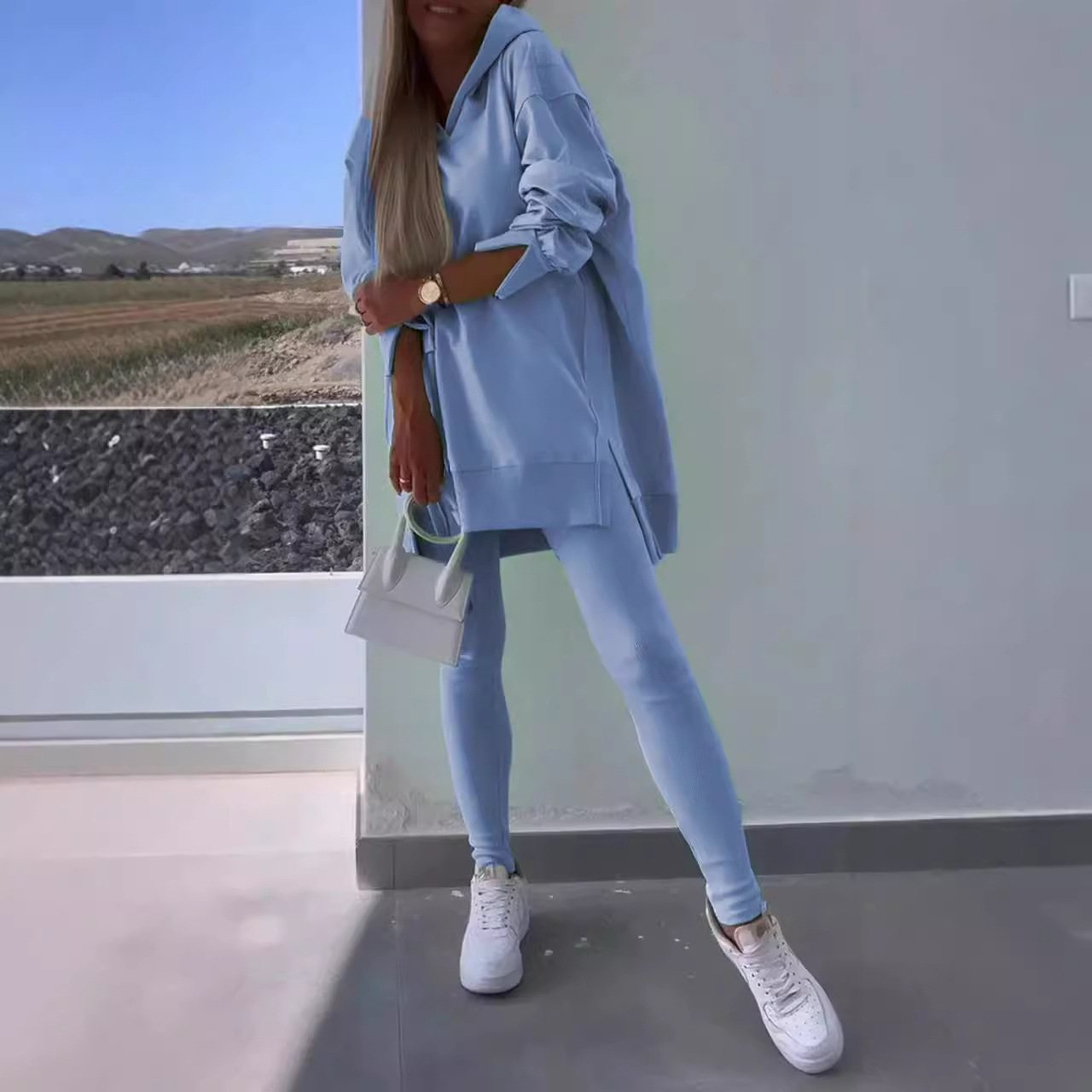 Women's Casual Hooded Split Top and Leggings Two-Piece Set