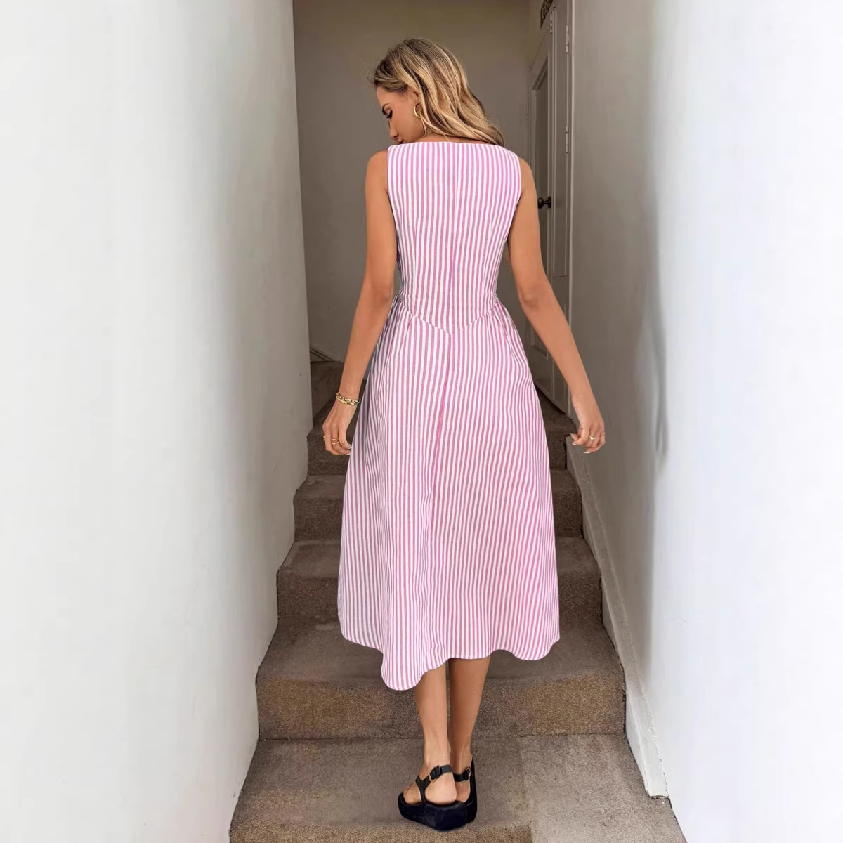 Striped Round Neck Cinched Waist Slimming Long Dress