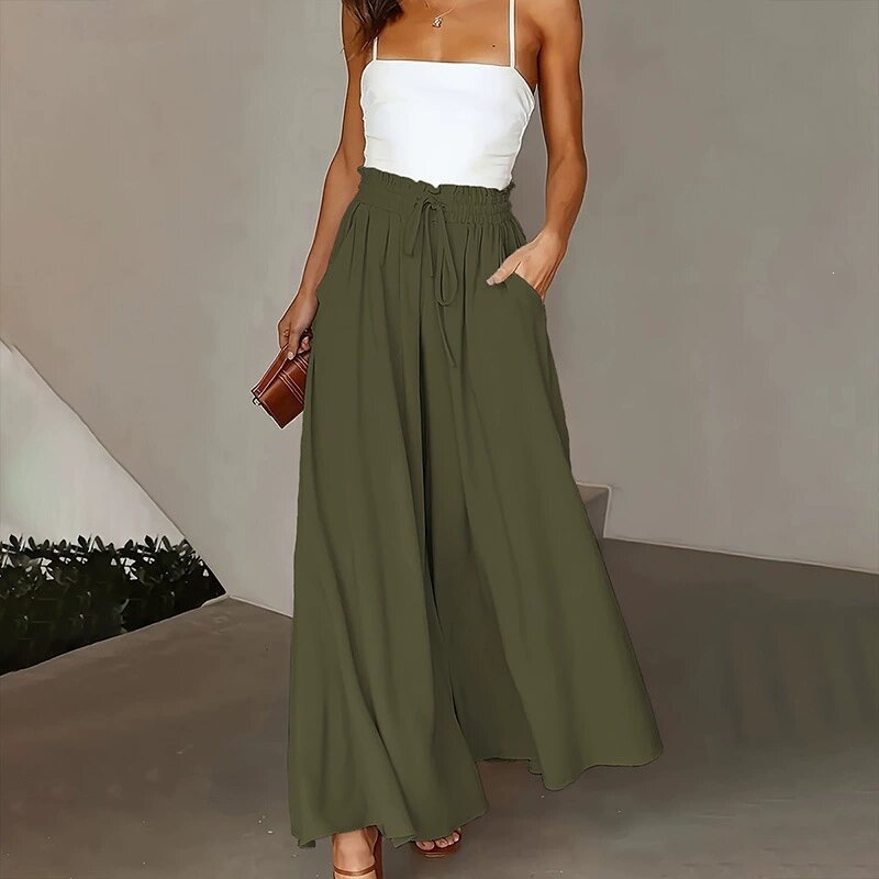 Women's Wide-Leg Pants with Cinched Waist and Flowing Hem