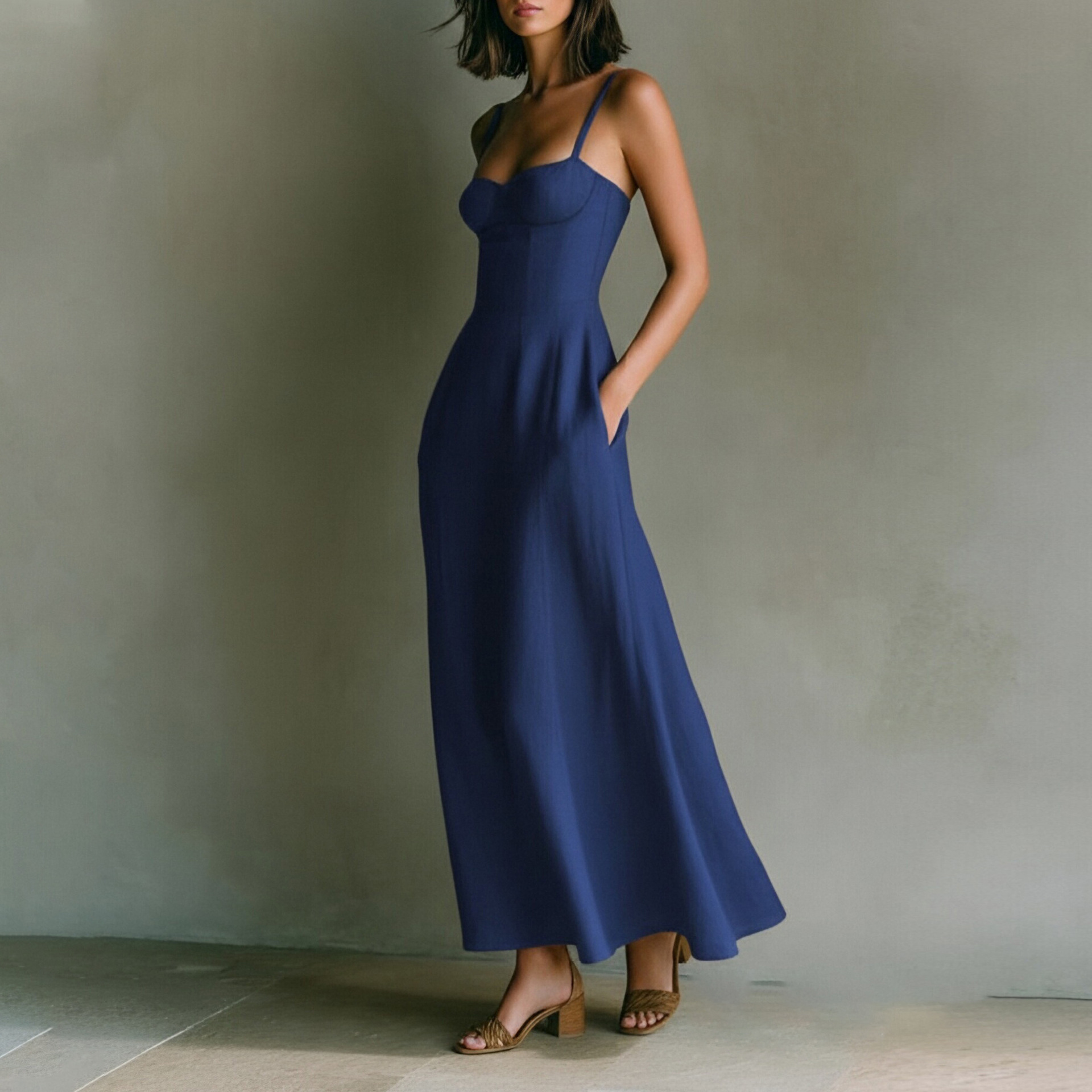 Women's French Waist-Cinched Sleeveless Midi Dress Solid Color