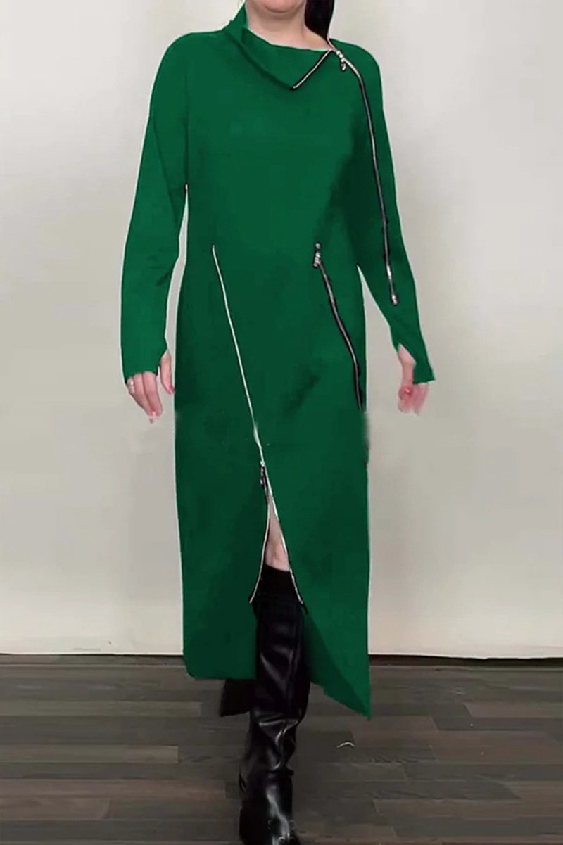 Women's Solid High Neck Zip Long Sleeve Dress