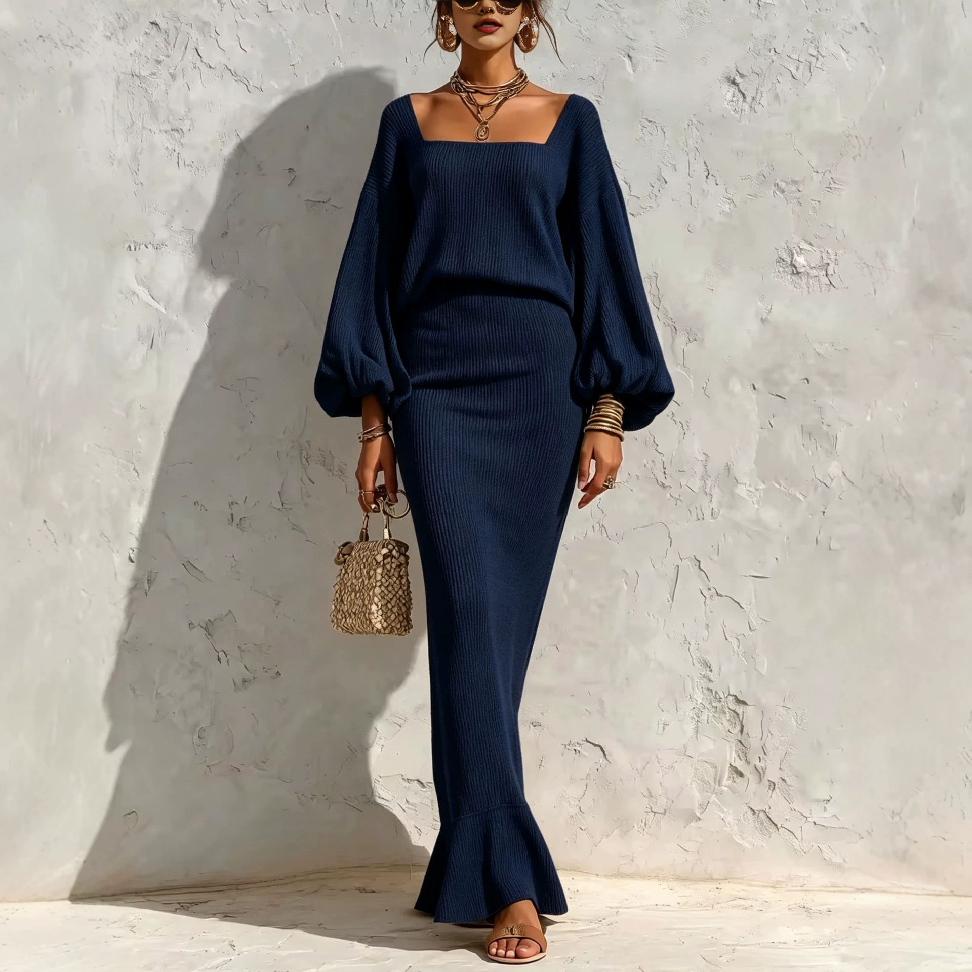 Square Neck Lantern Sleeve Ribbed Knit Two-Piece Set with Mermaid Midi Skirt