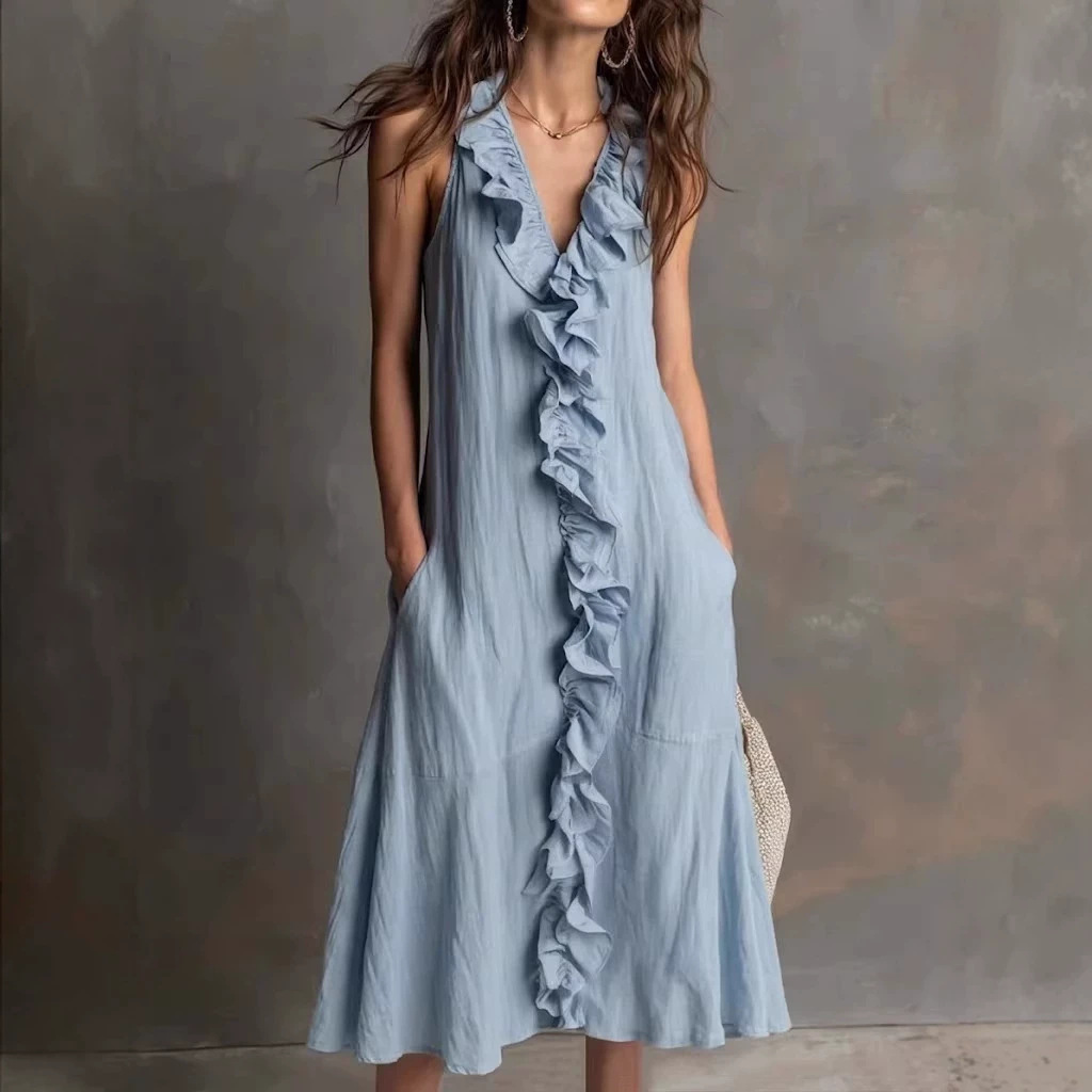 Women's Sleeveless V-Neck Ruffle Hem Maxi Dress Solid Color