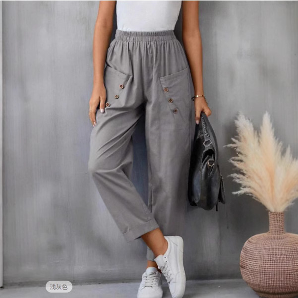 Women's Cotton-Linen Harem Pants Solid Color Elastic Waist Pockets