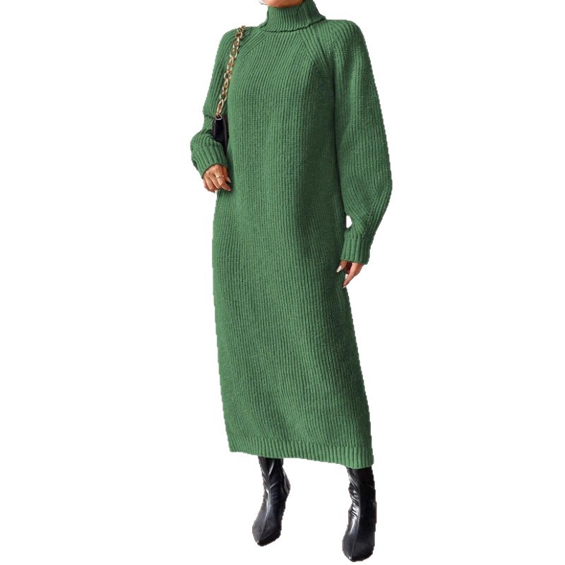 Women's Turtleneck Long Sleeve Knit Sweater Dress Solid Color Long Pullover