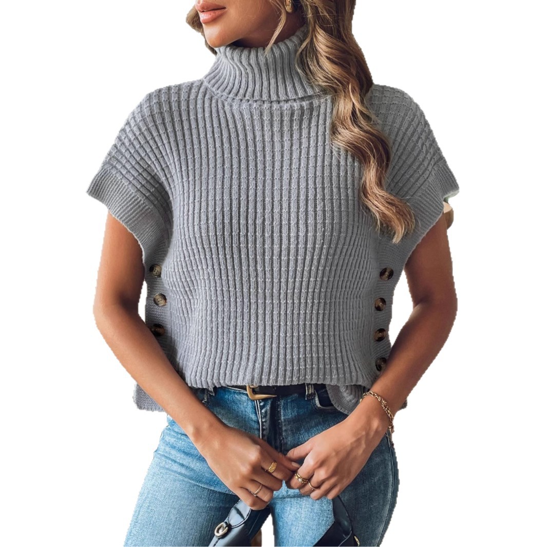 Women's High Neck Sleeveless Knit Sweater Vest with Button Accents