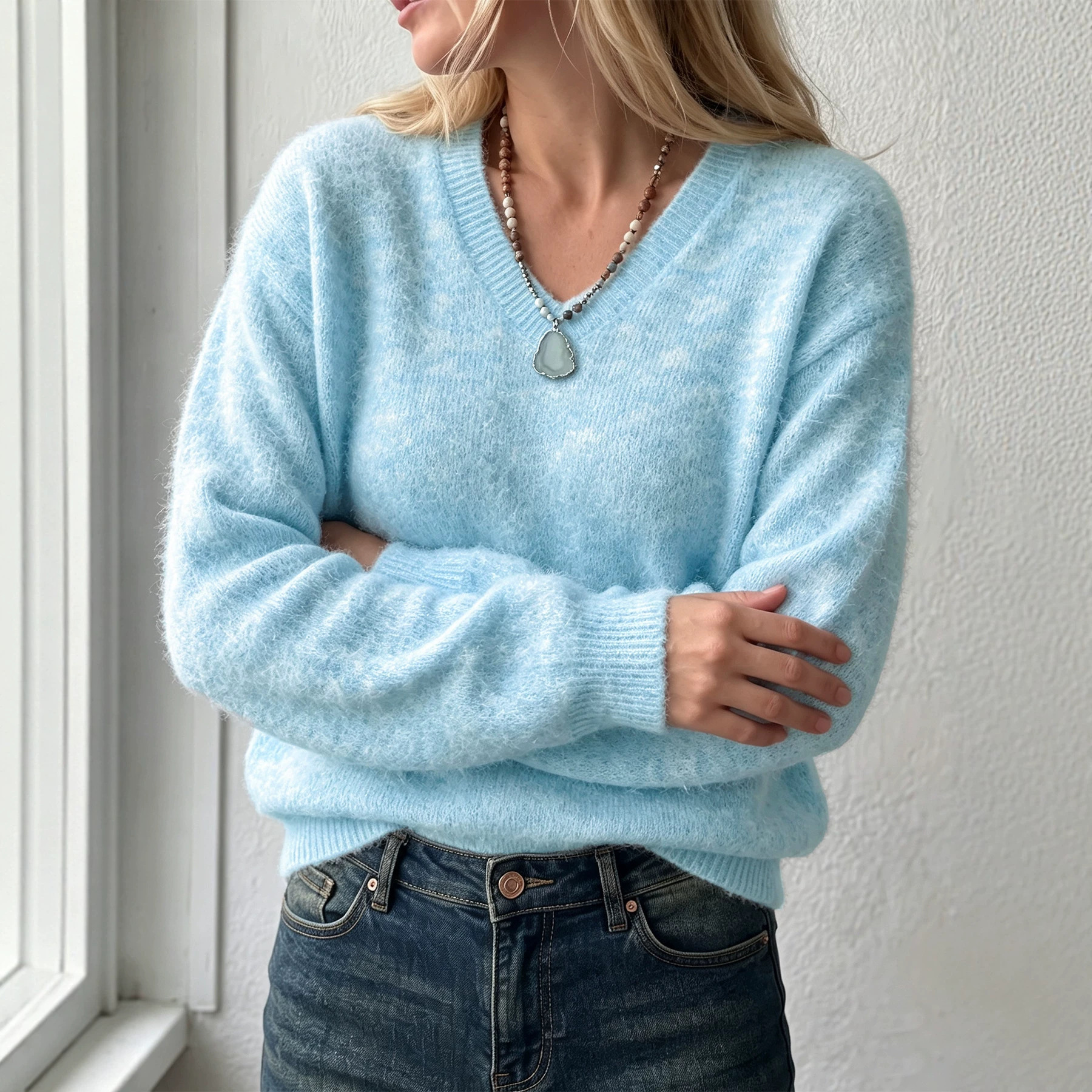 Women's V-Neck Wool Blend Knit Sweater Soft Solid Color Pullover