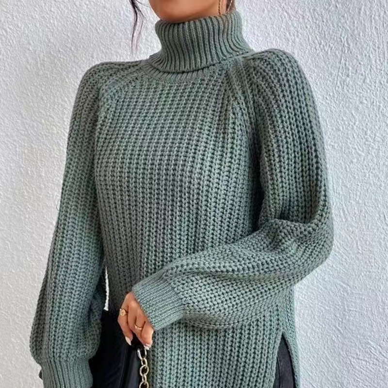 Women's High Neck Midi Knit Sweater with Raglan Sleeves and Side Slit
