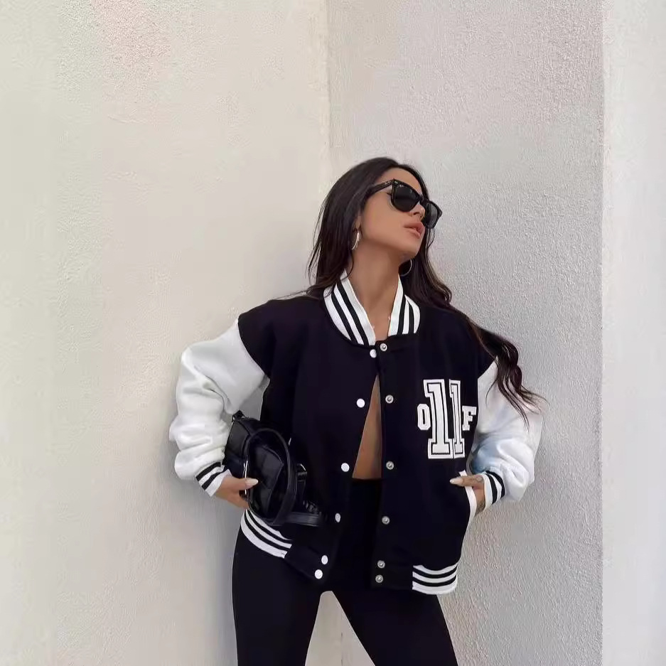 Women's Casual Printed Thickened Baseball Jacket Long Sleeve