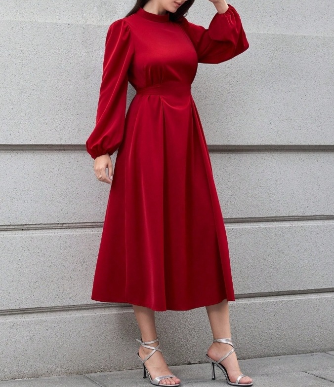 A-Line High-Waist Long-Sleeve Midi Dress with Collar