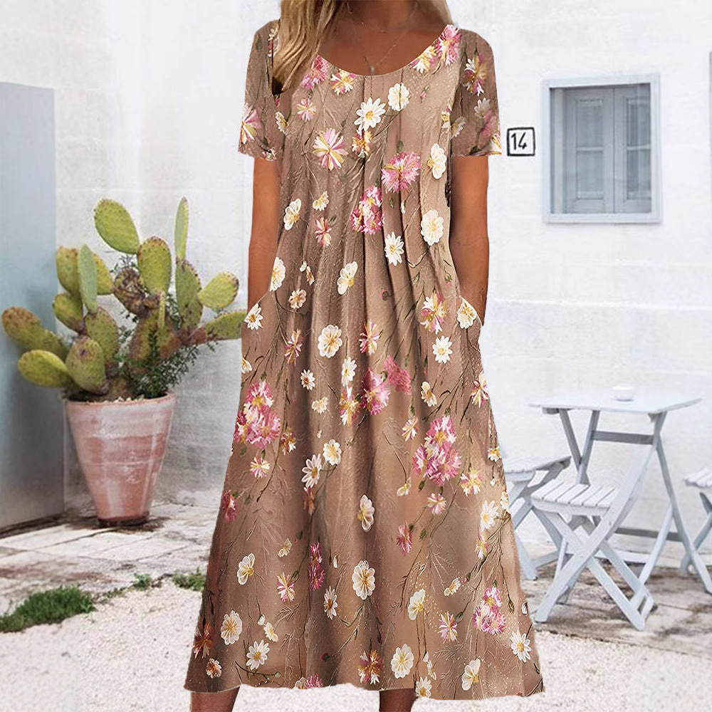 Women's Floral Round Neck Short Sleeve Pocket Dress