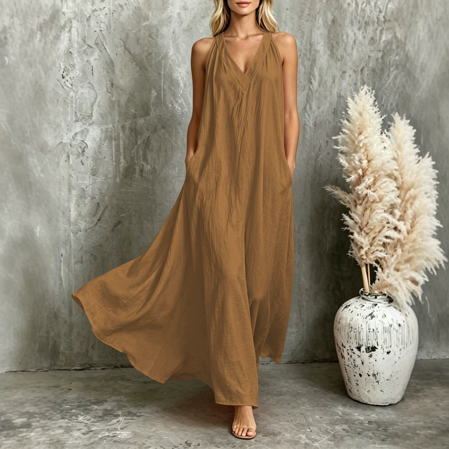 Sleeveless Maxi Dress with Pockets Flowy Beach Casual