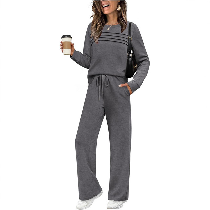 Women's Long Sleeve Crewneck Top & Wide-Leg Pants Set with Elastic Waist