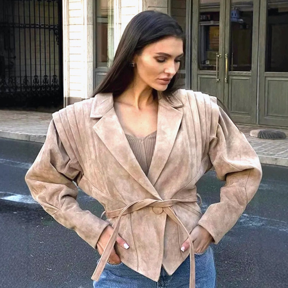 Women's Faux Suede Zip-Up Jacket with Waist Tie and Padded Shoulders