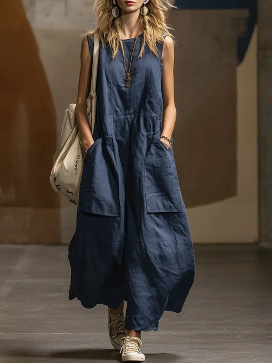 Women's Sleeveless Cotton-Linen A-Line Dress with Pockets