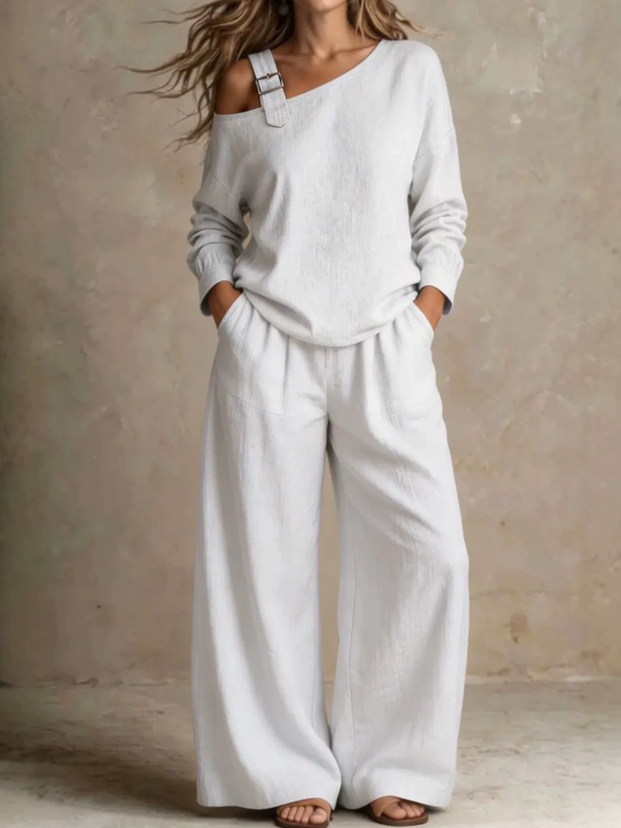 Women's Casual Loose One-Shoulder Linen-Blend Two-Piece Set