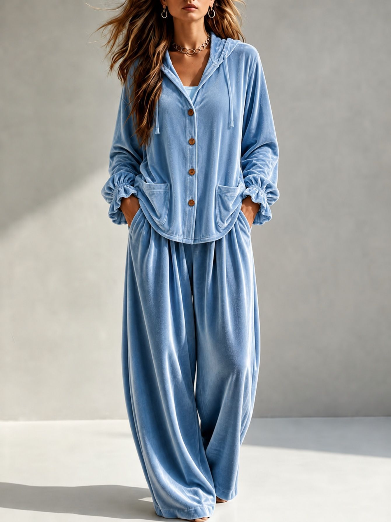 Velvet Open-Front Cardigan and Pants Two-Piece Set with Pockets