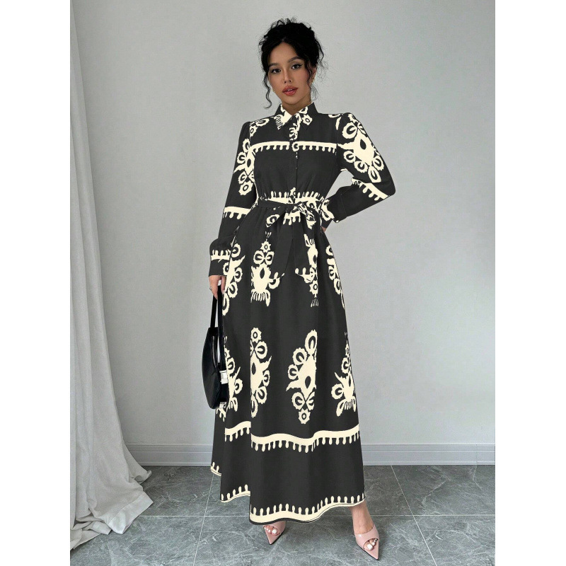 Printed Long-Sleeve Collared Shirt Dress